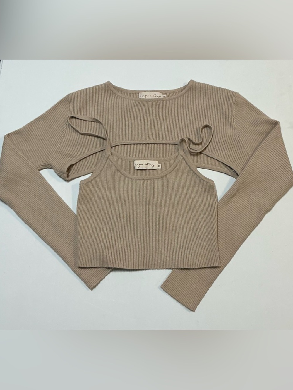 Leith Ribbed Taupe Crop Tank & Matching Long-Sleeve Shrug